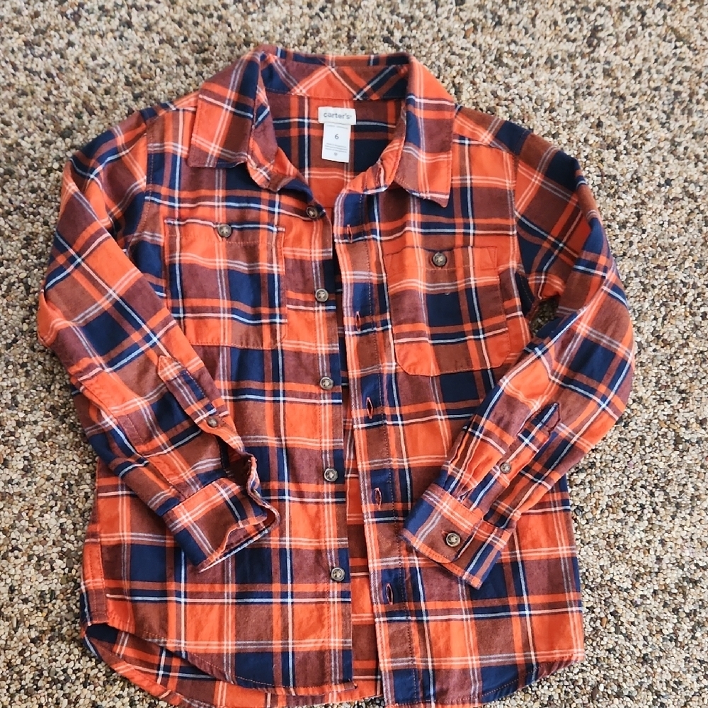 Carters Orange and Blue plaid button up, size 6 boys